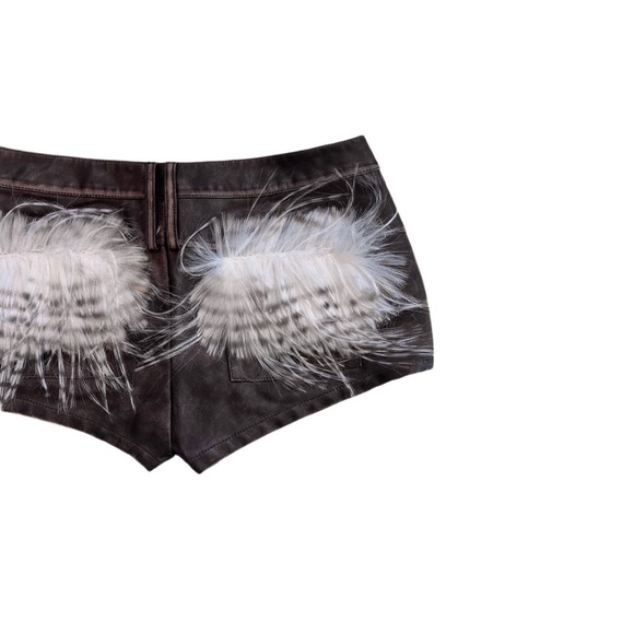 Brown y2k patchwork leather low waist shorts with fur - Picture 2 of 4